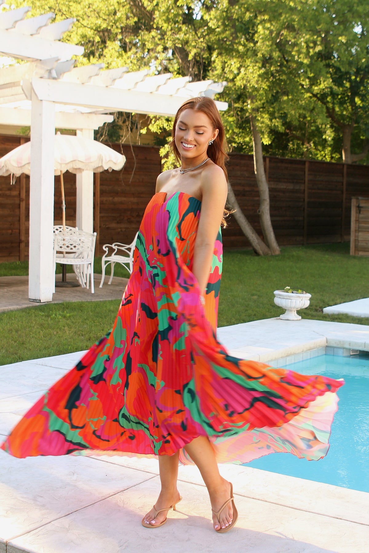 Karlie Swirl Satin Bustier Pleat Dress