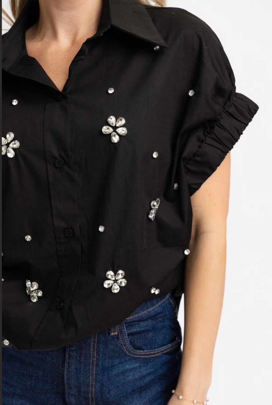 Karlie Solid Poplin Jeweled Black Top