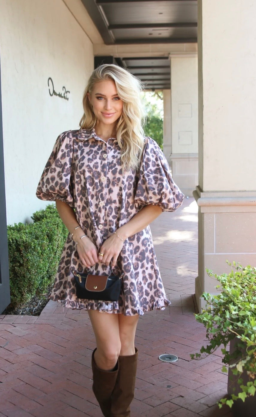 Karlie Leopard Denim Puff Sleeve Dress