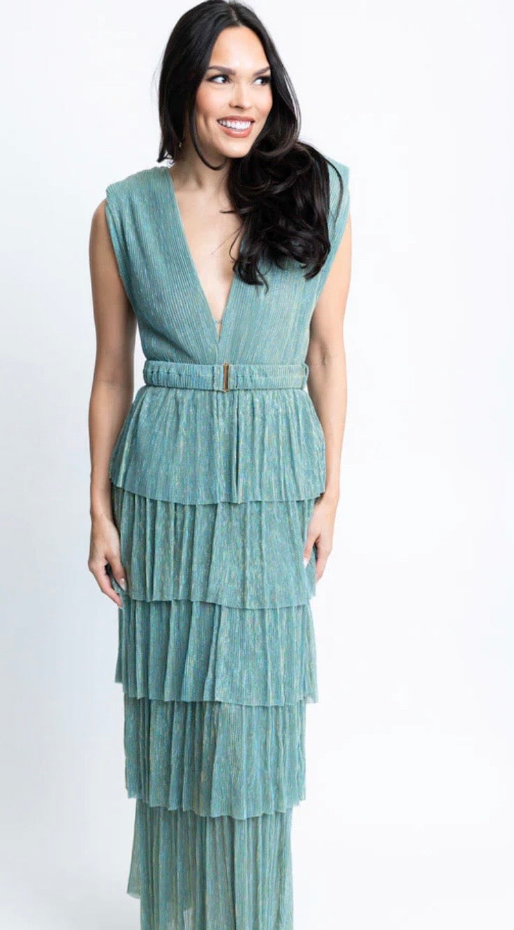 Karlie Blue Metallic VNeck Dress