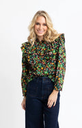 Karlie Ruffle Button Floral Brown and Green Top