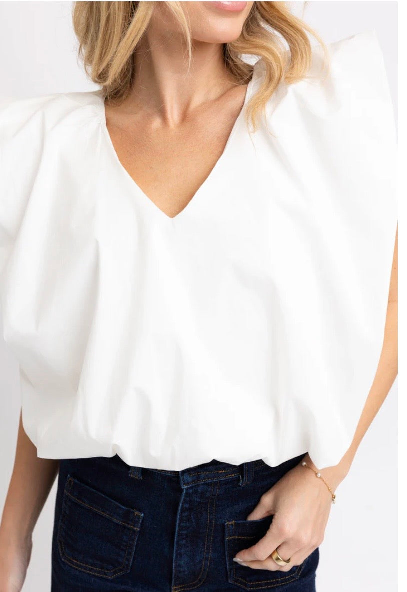 Solid Poplin VNeck Bubble Top White