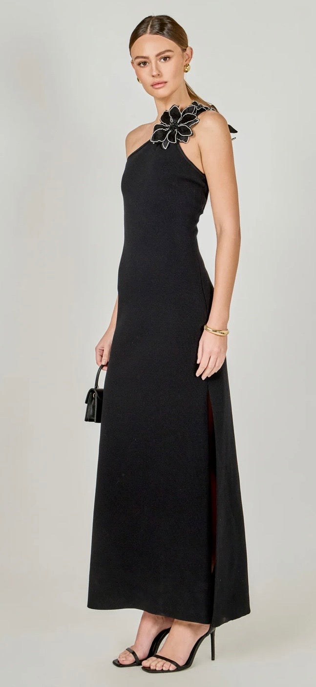 Endless Rose Black Flower Detail One Shoulder Dress