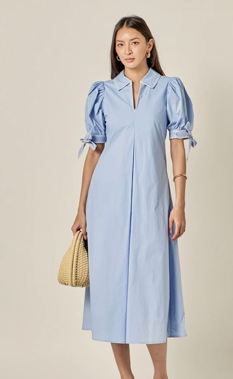 English Factory Stitched Midi Blue Dress