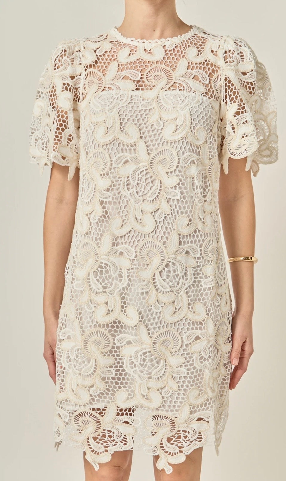 English Factory Embroidered Natural Mini Dress
