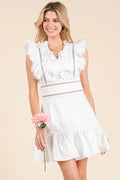 Baby Pink V-Neckline Ruffled White Mini Dress
