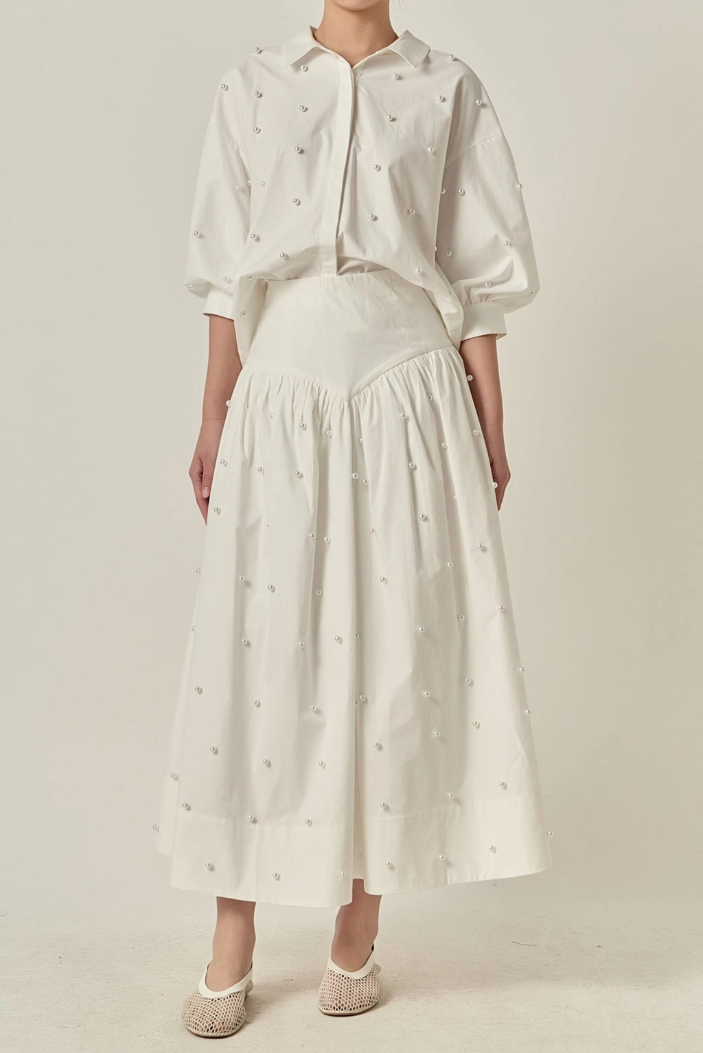 English Factory White Balloon Sleeve Blouse w/Pearl