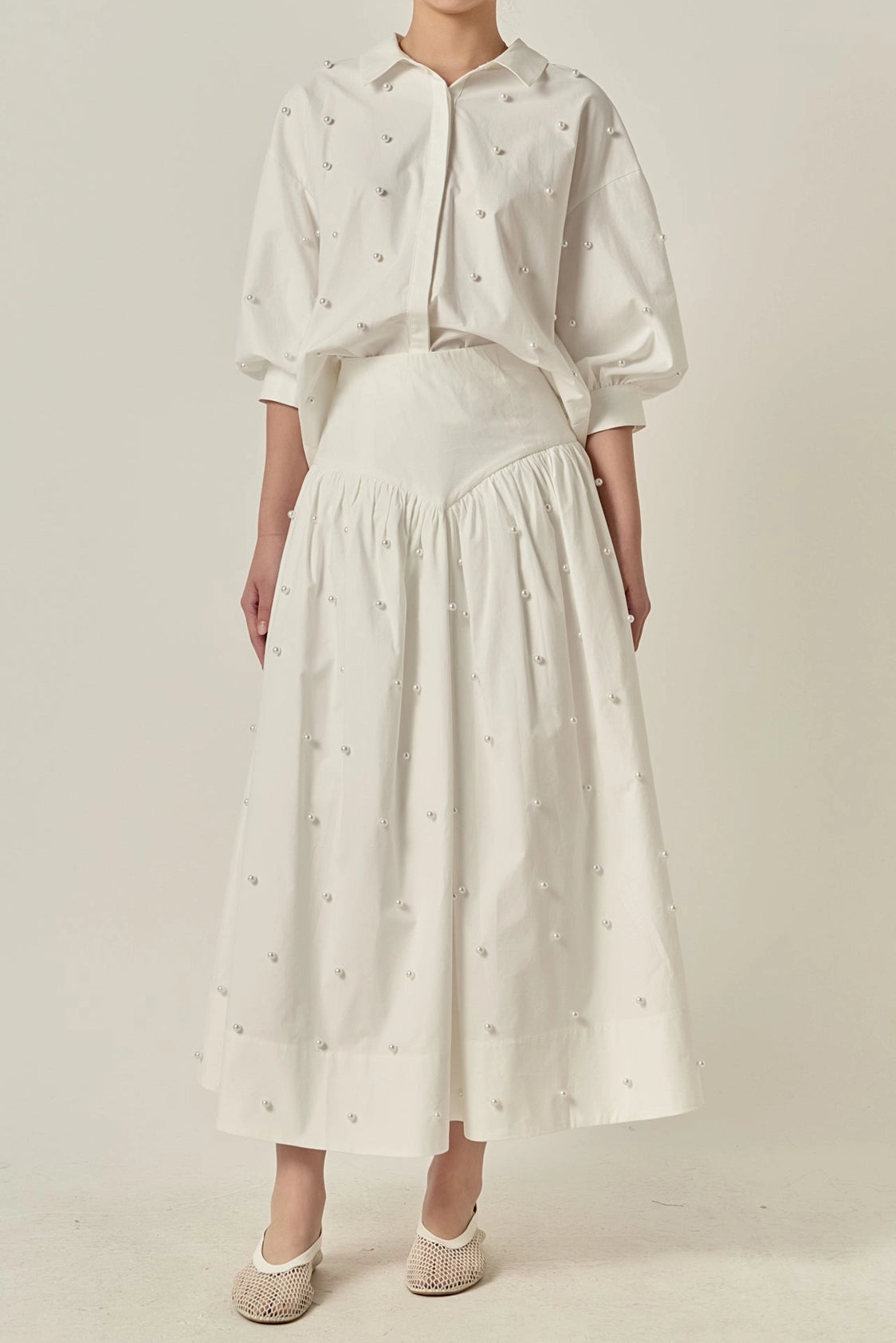 English Factory White Balloon Sleeve Blouse w/Pearl