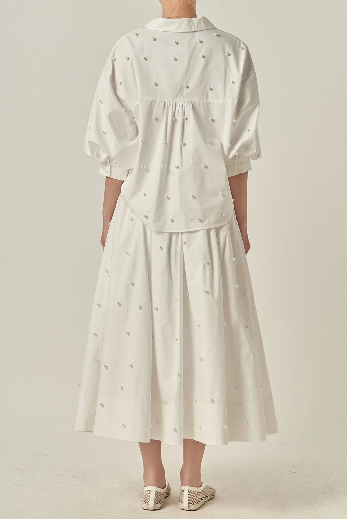 English Factory White Balloon Sleeve Blouse w/Pearl