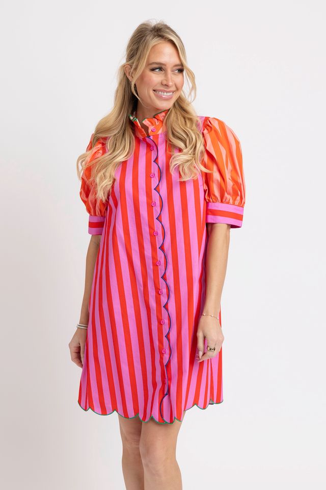 Karlie Fuchsia Stripe Color Block Ruffle Neck Dress