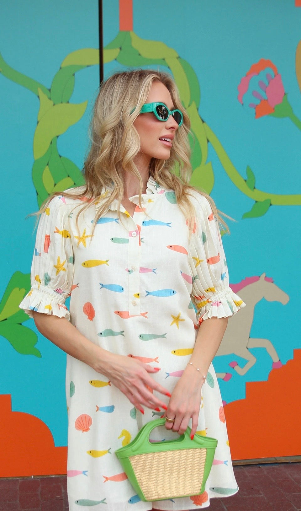 Karlie Multi Colored Fish Pleated Dress