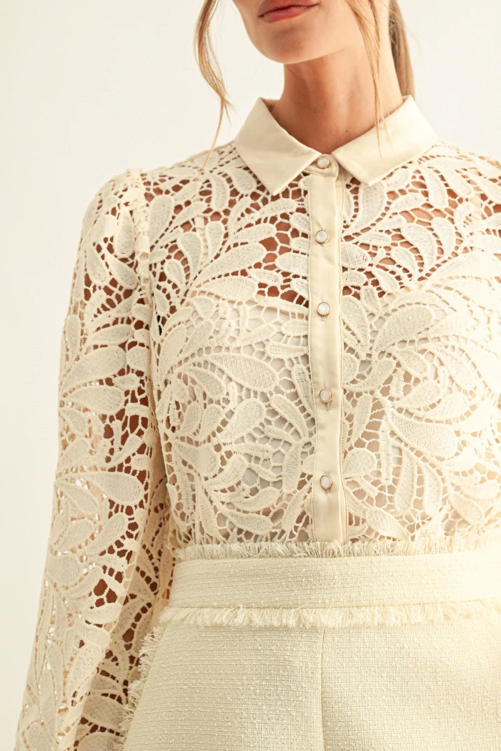 Adelyn Rae Diora Contrast Detail Lace Shirt in Ivory