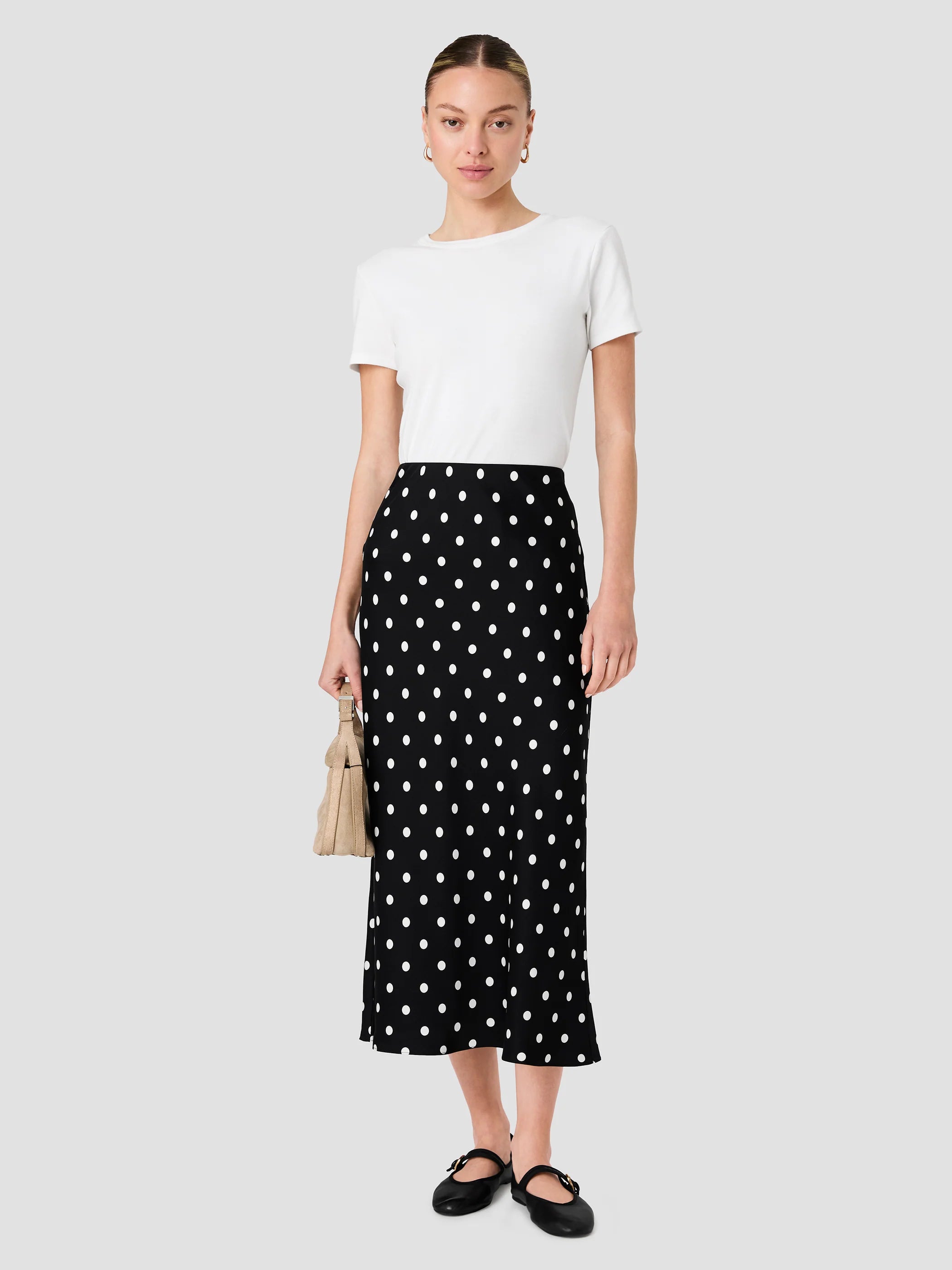 French Connection Black and White Silk Polka Dot Maxi Skirt
