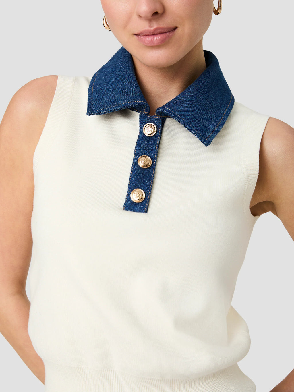 French Connection Knit Denim Collared Sweater Vest In Cream
