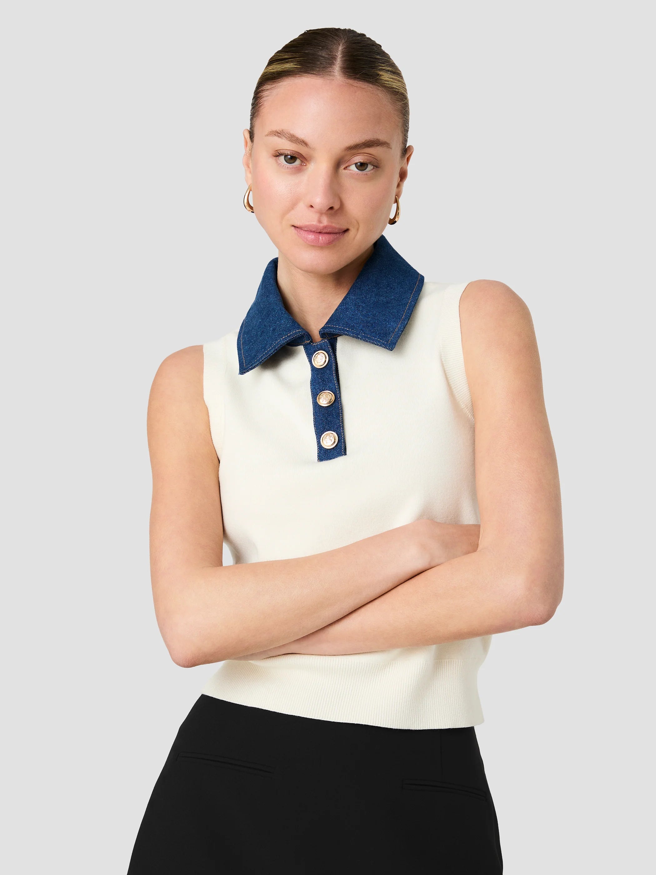 French Connection Knit Denim Collared Sweater Vest In Cream