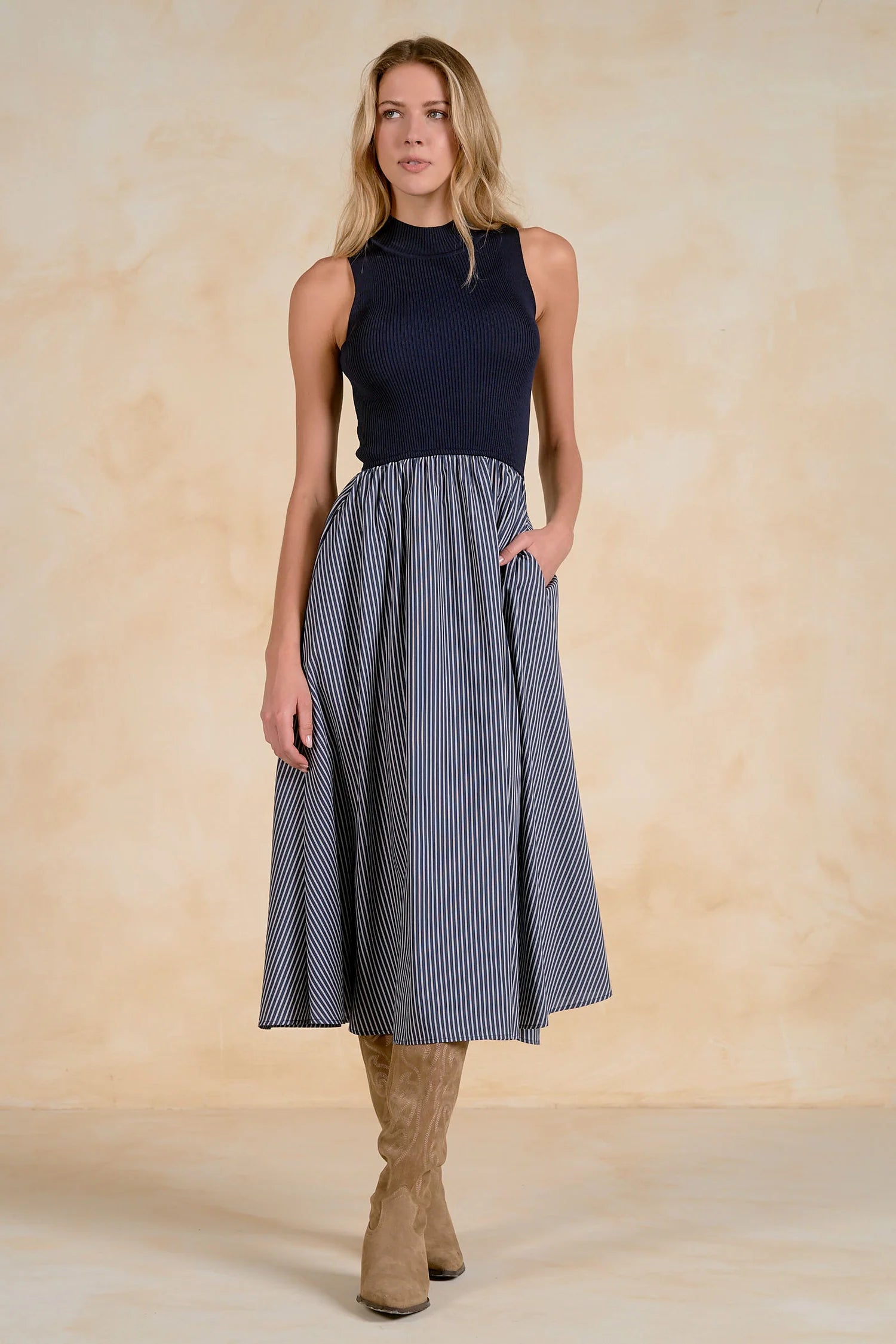 ELAN Blue Stripe Maxi Mock Neck