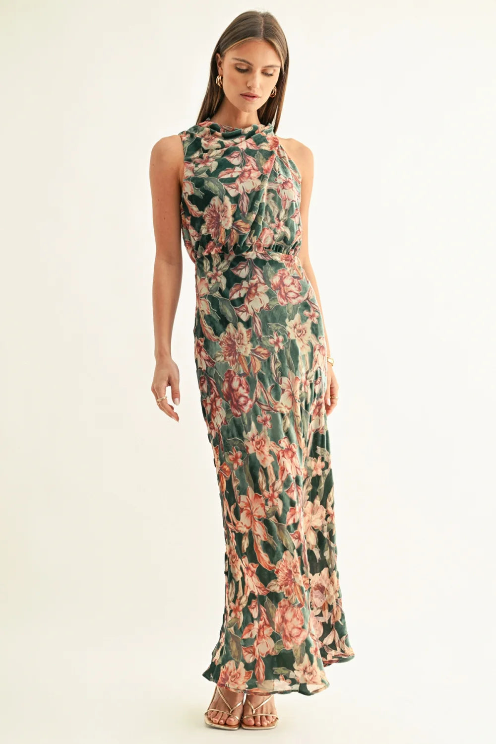 Adelyn Rae Veda Velvet Multi Teal Maxi Dress