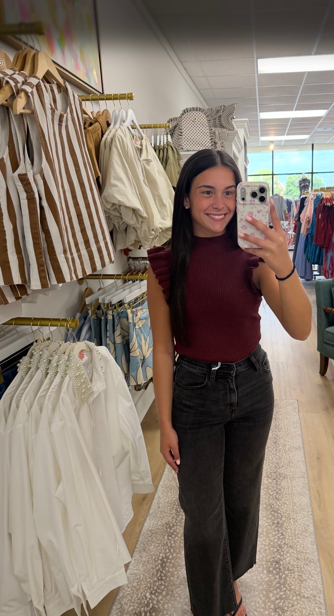 Sadie and Sage Tiffany Mockneck Ruffle Tank in Burgundy