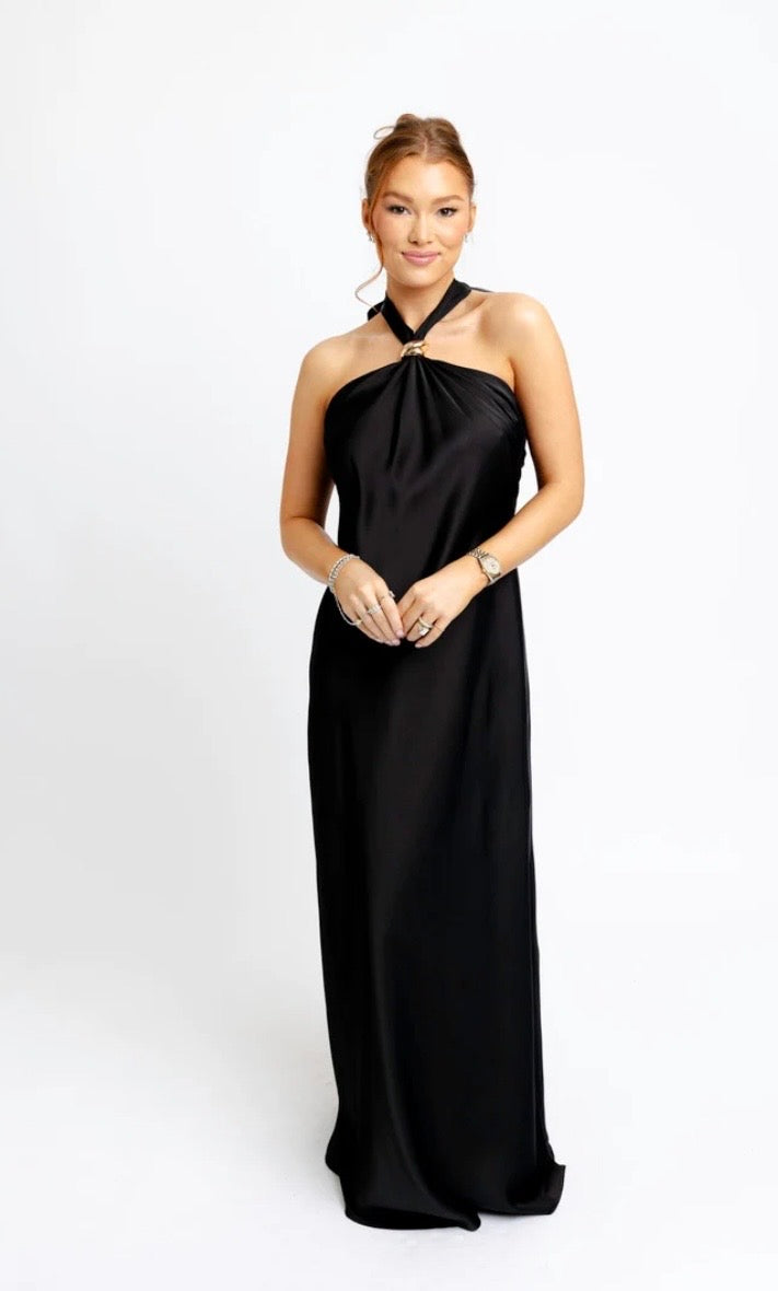 Karlie Black Satin Halter Maxi Dress