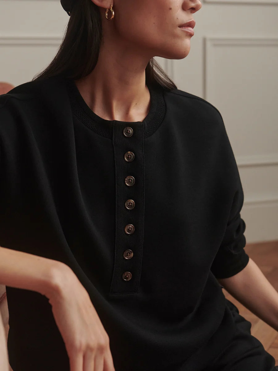 Varley Kiara Crop Sweat Top Button Down in Black