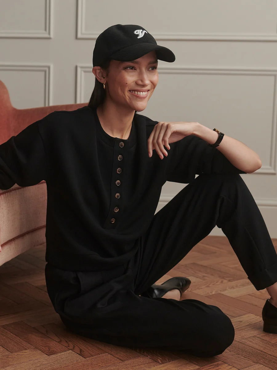 Varley Kiara Crop Sweat Top Button Down in Black