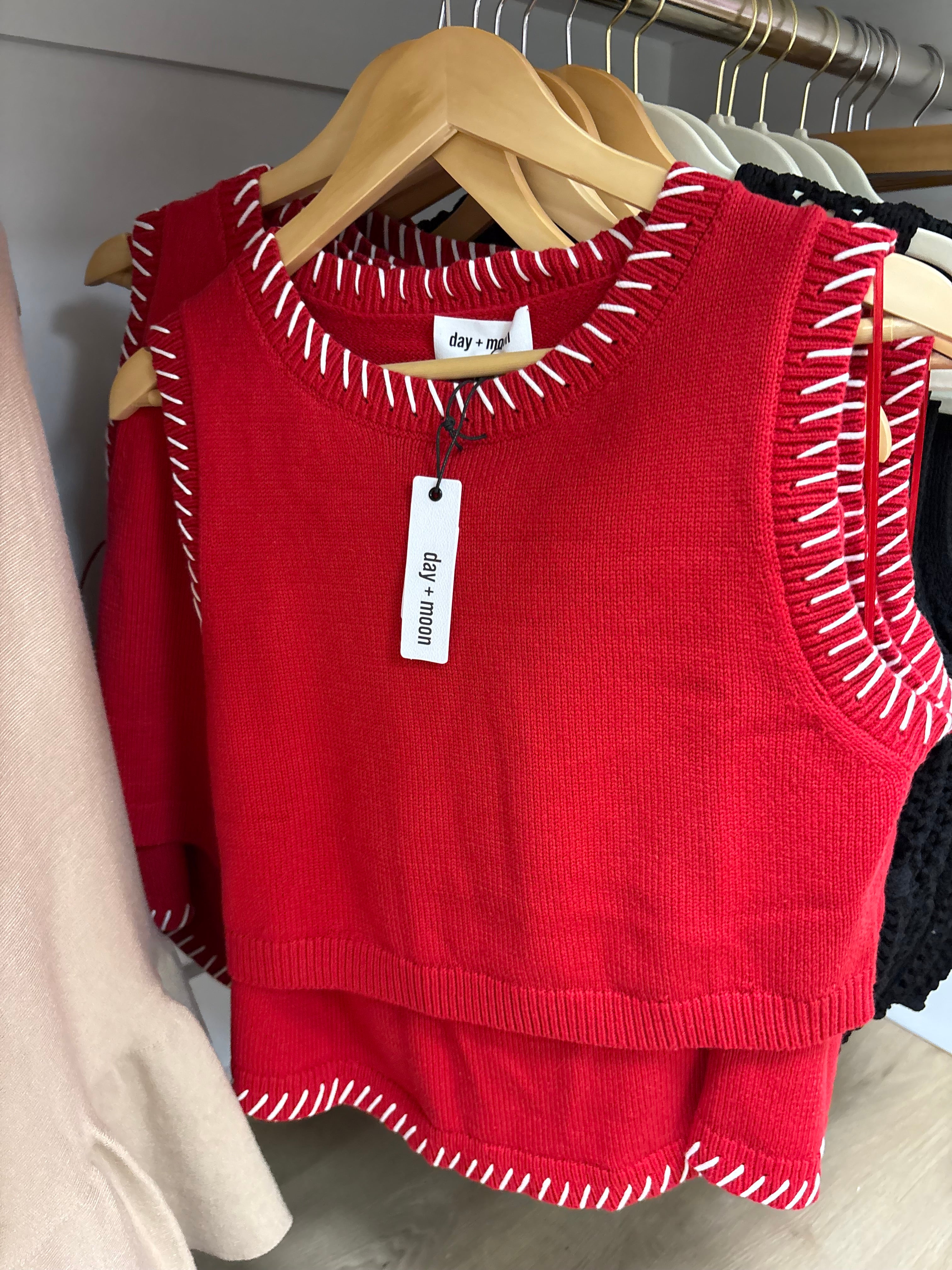 Day + Moon Red Cross Stitching Sweater and Top Set