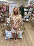Day + Moon Print Mini Dress Bubble Sleeve Caramel