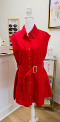 Karlie Red Linen Belt Shirt Dress
