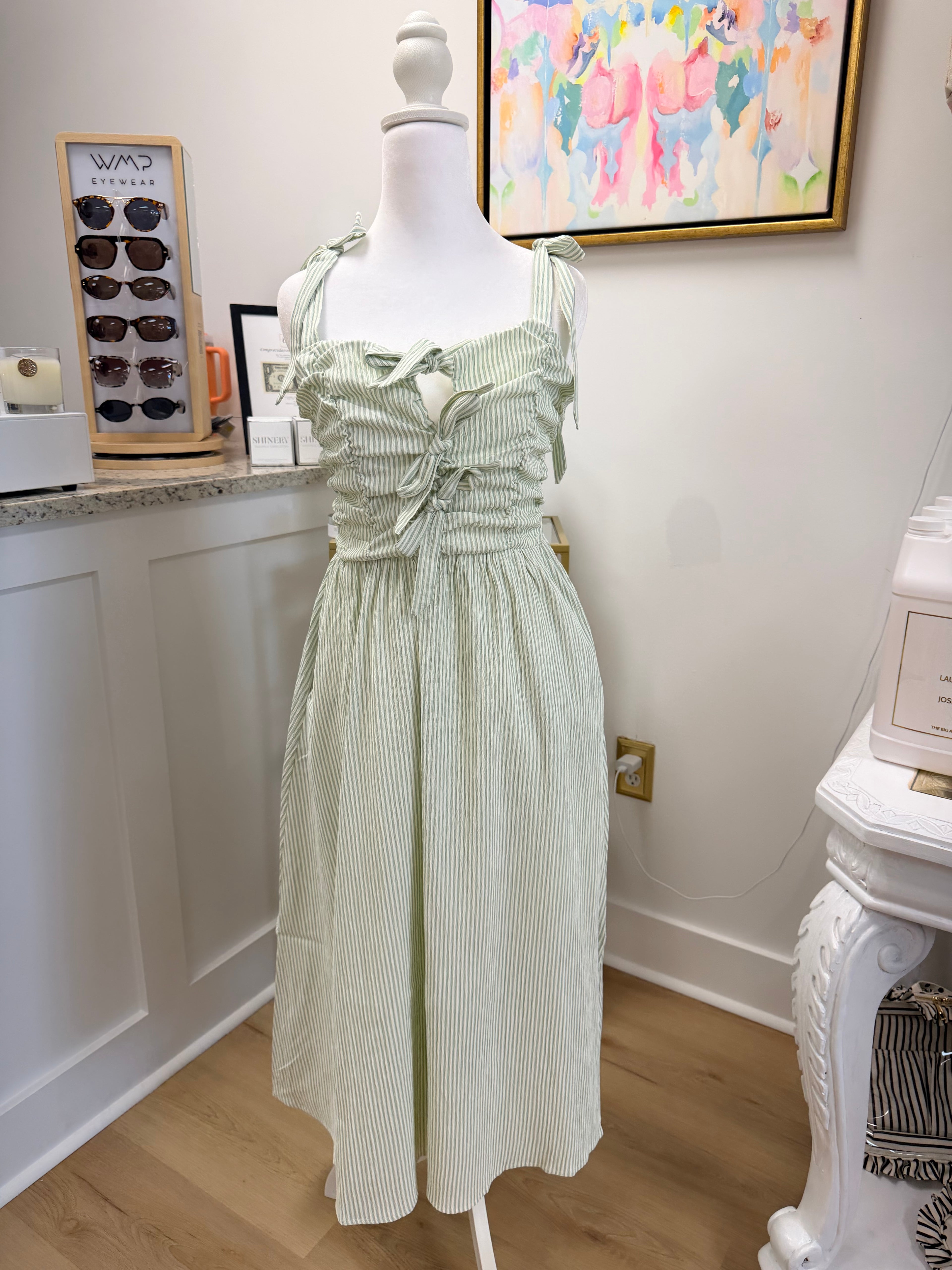 Sadie and Sage See Me Stripe Bow Midi Sage Cream Dress