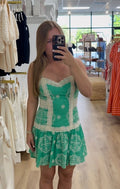 Baby Pink Green Embroidery Heart Neckline Mini Dress