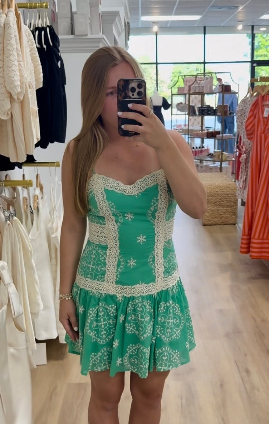 Baby Pink Green Embroidery Heart Neckline Mini Dress