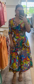 Ciebon Printed Ruched Puff Sleeve Midi Dress