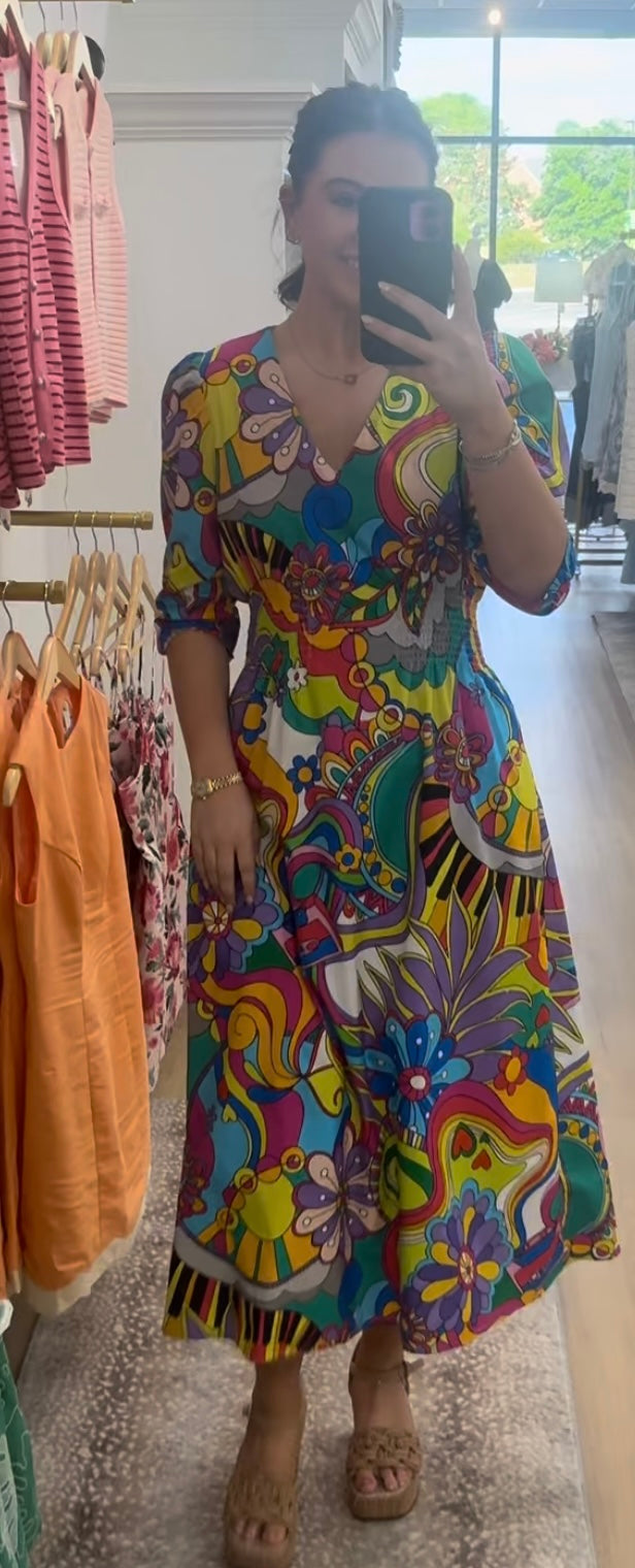 Ciebon Printed Ruched Puff Sleeve Midi Dress
