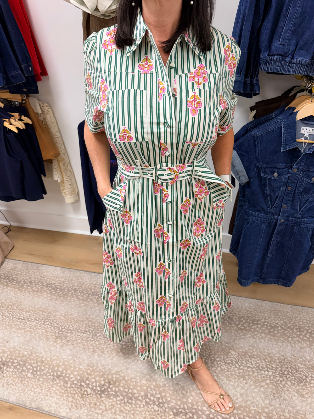 Karlie Green Stripe Floral Dress W/Belt