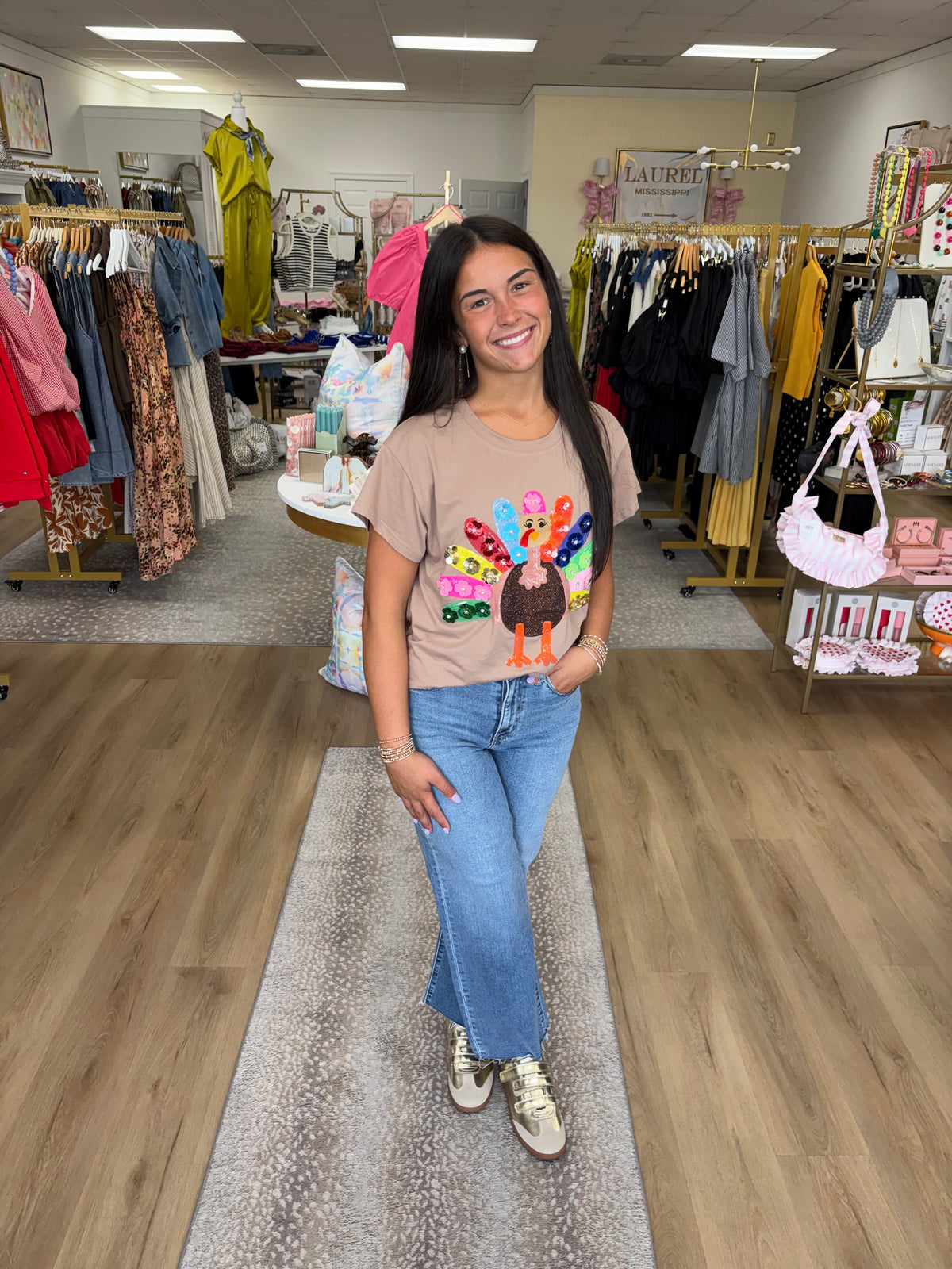 QOS Light Brown Flower Rainbow Turkey Tee