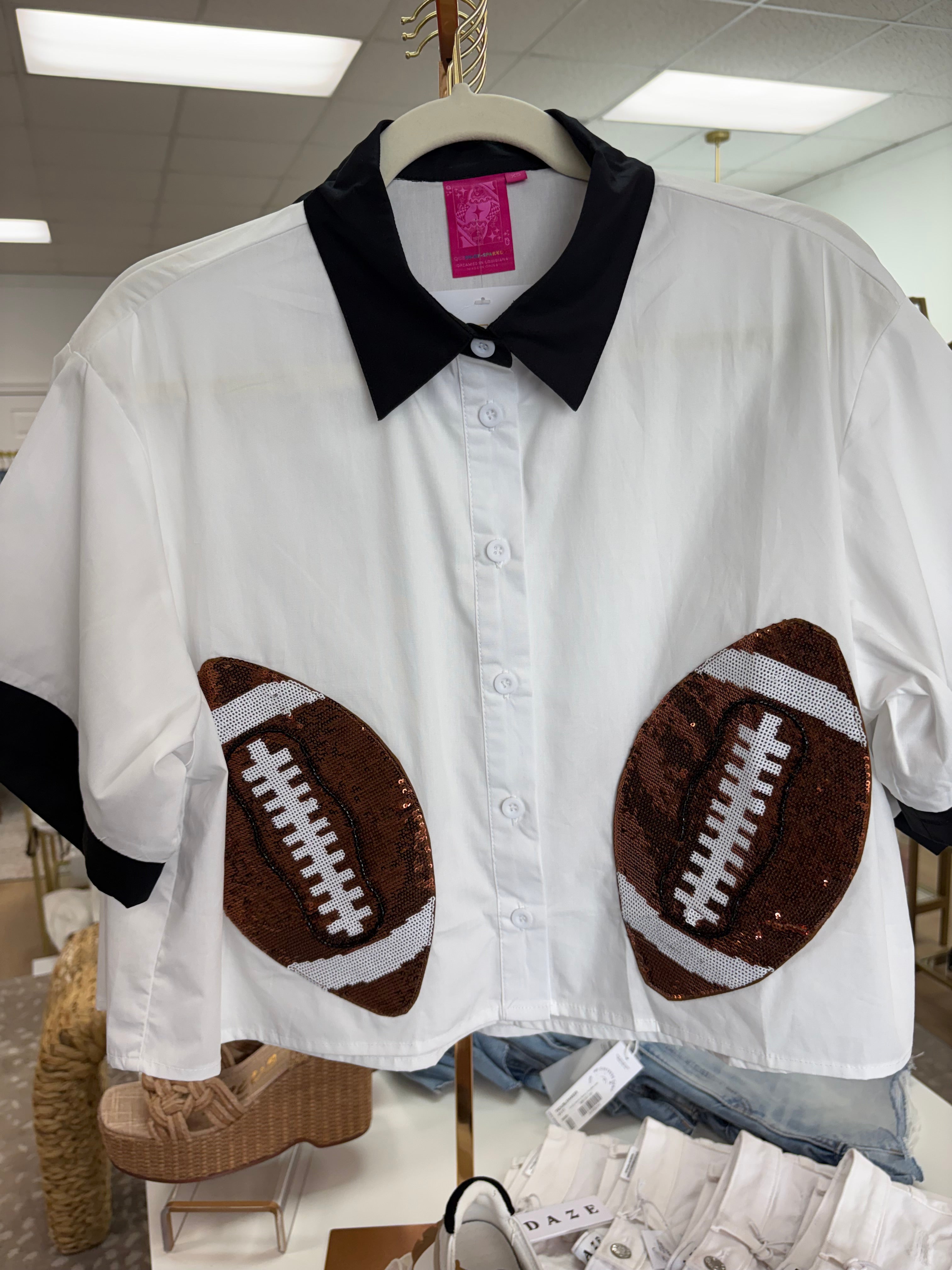 QOS White&Black Sequin Football Top