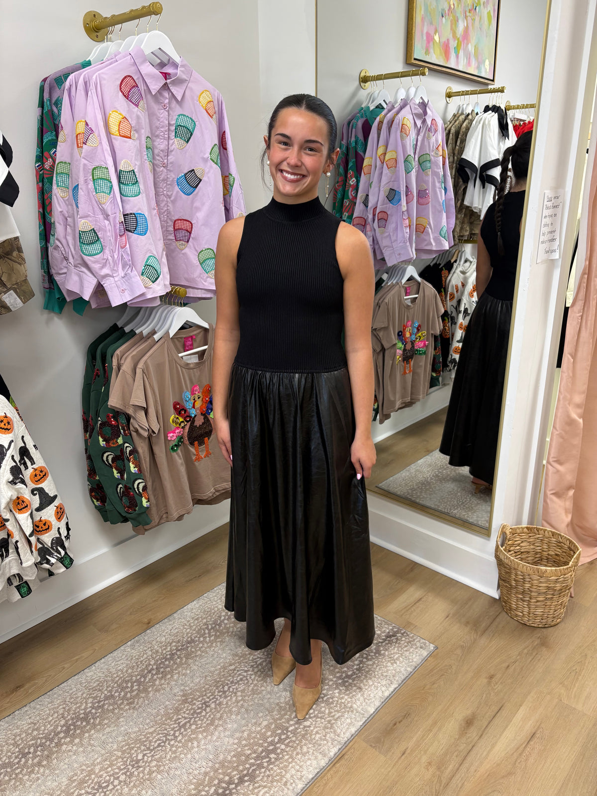 ELAN Maxi Mock Neck Black Leather Dress
