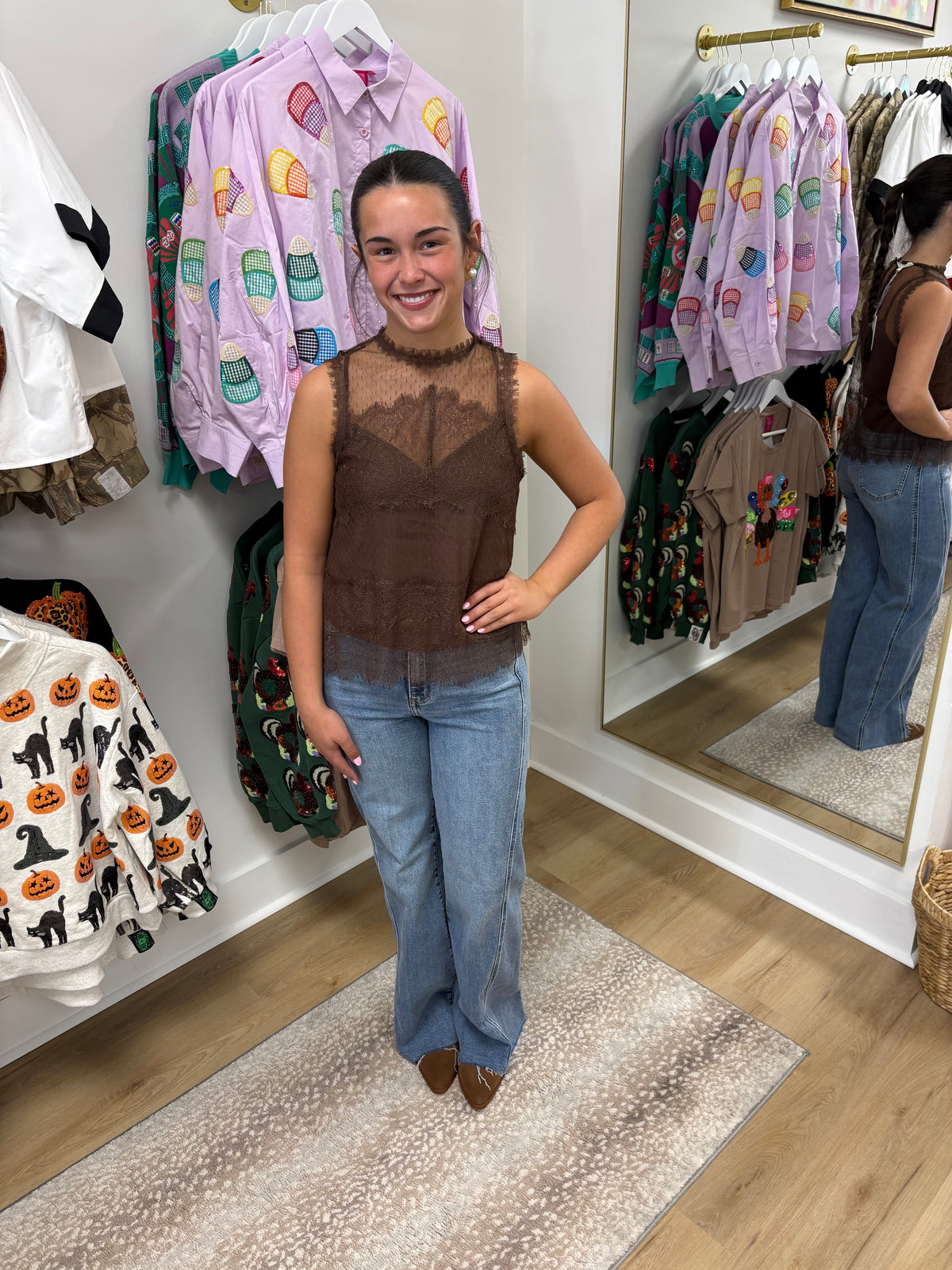 ELAN Sleeveless Brown Lace Crewneck Top