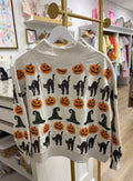 QOS Light Grey Witch Hat-Pumpkin & Cat Mock neck Sweatshirt