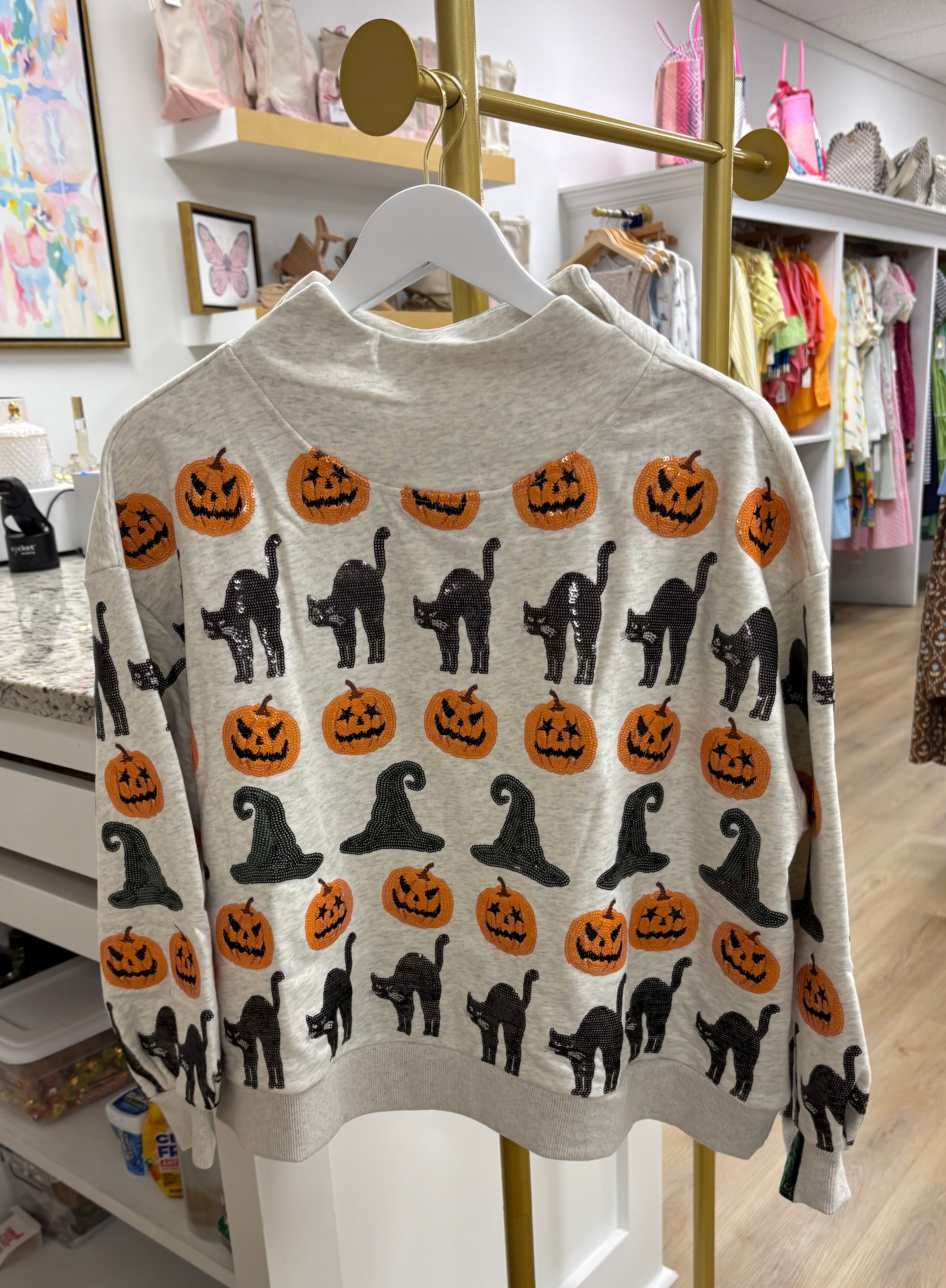 QOS Light Grey Witch Hat-Pumpkin & Cat Mock neck Sweatshirt