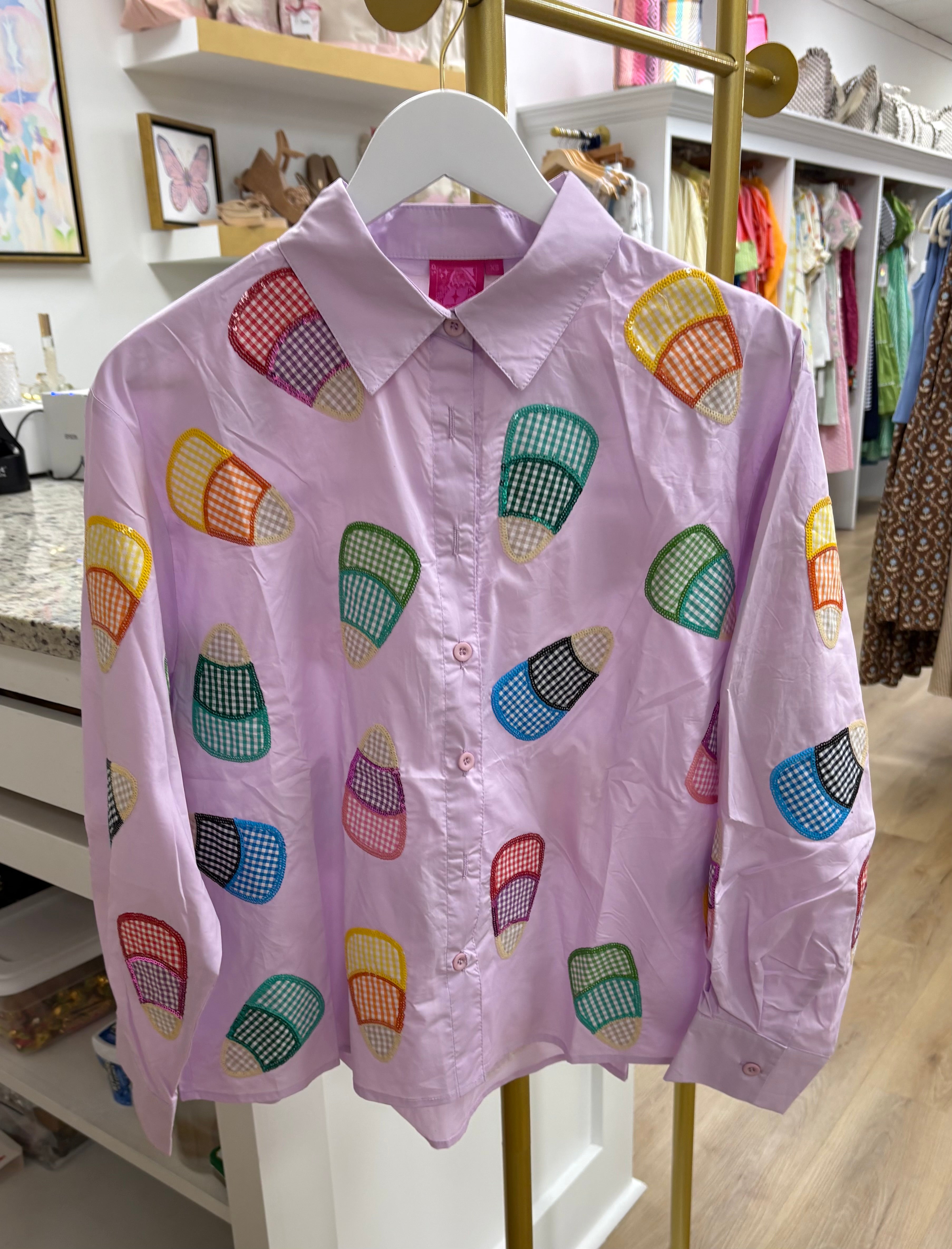 QOS Lavender Multi Gingham Candy Corn Top