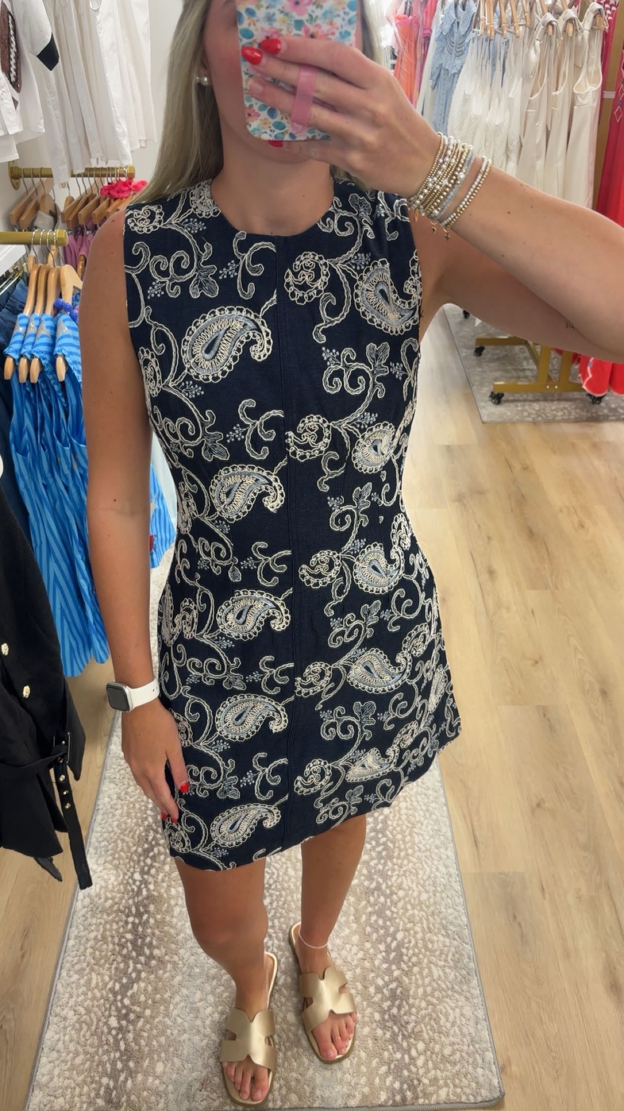 Zoe and Claire Sleeveless Embroidery Mini Denim Dress