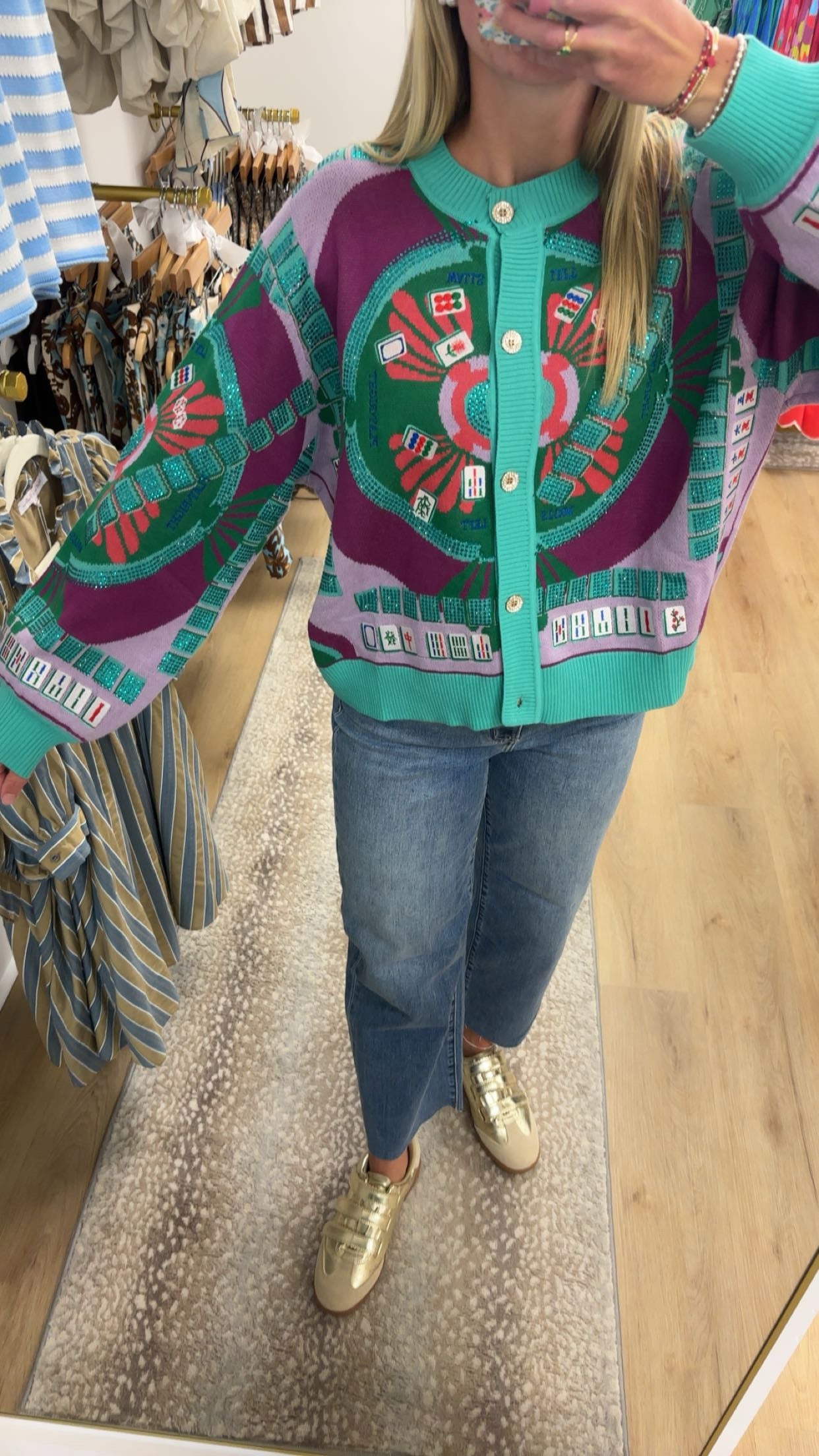 QOS Multicolored Mahjong Button Up Cardigan
