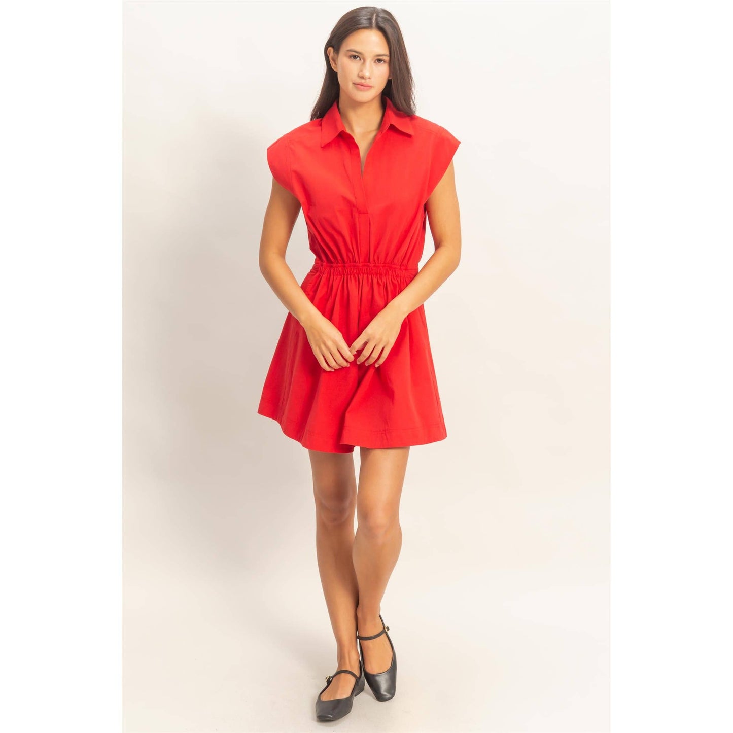 Double Zero - Sleeveless Collared Shirred Mini Dress: GREEN