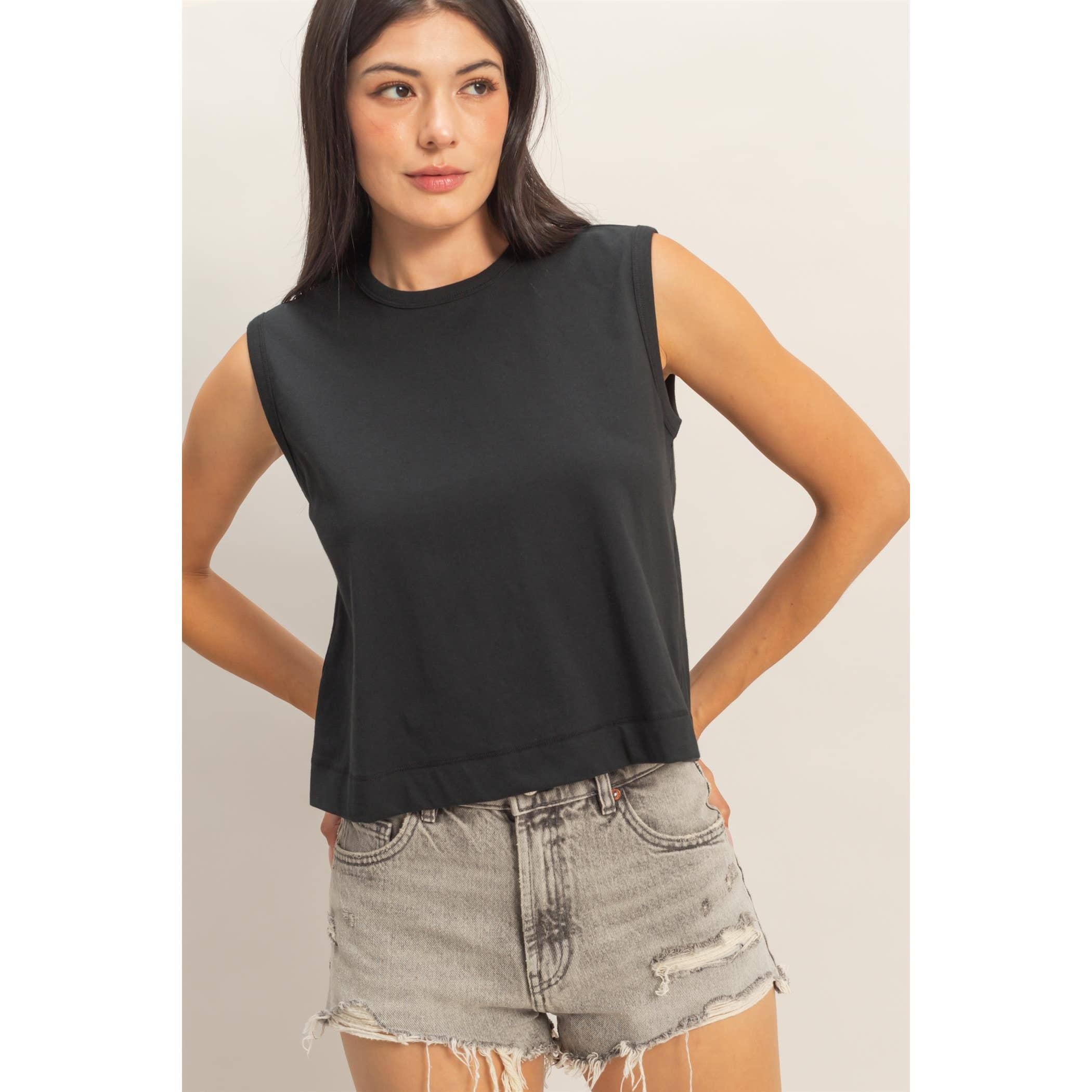 Double Zero - Sleeveless Crew Neck Top With Back Pleats: SOFT PINK