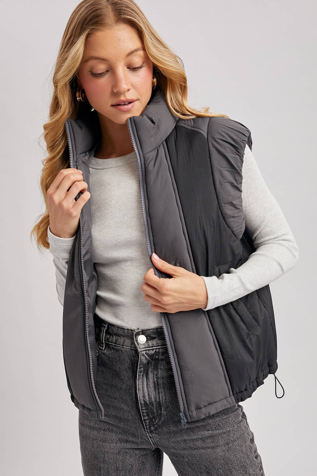 Bluivy - CONTRAST PUFFER ZIPPER DOWN VEST: LATTE COMBO / M
