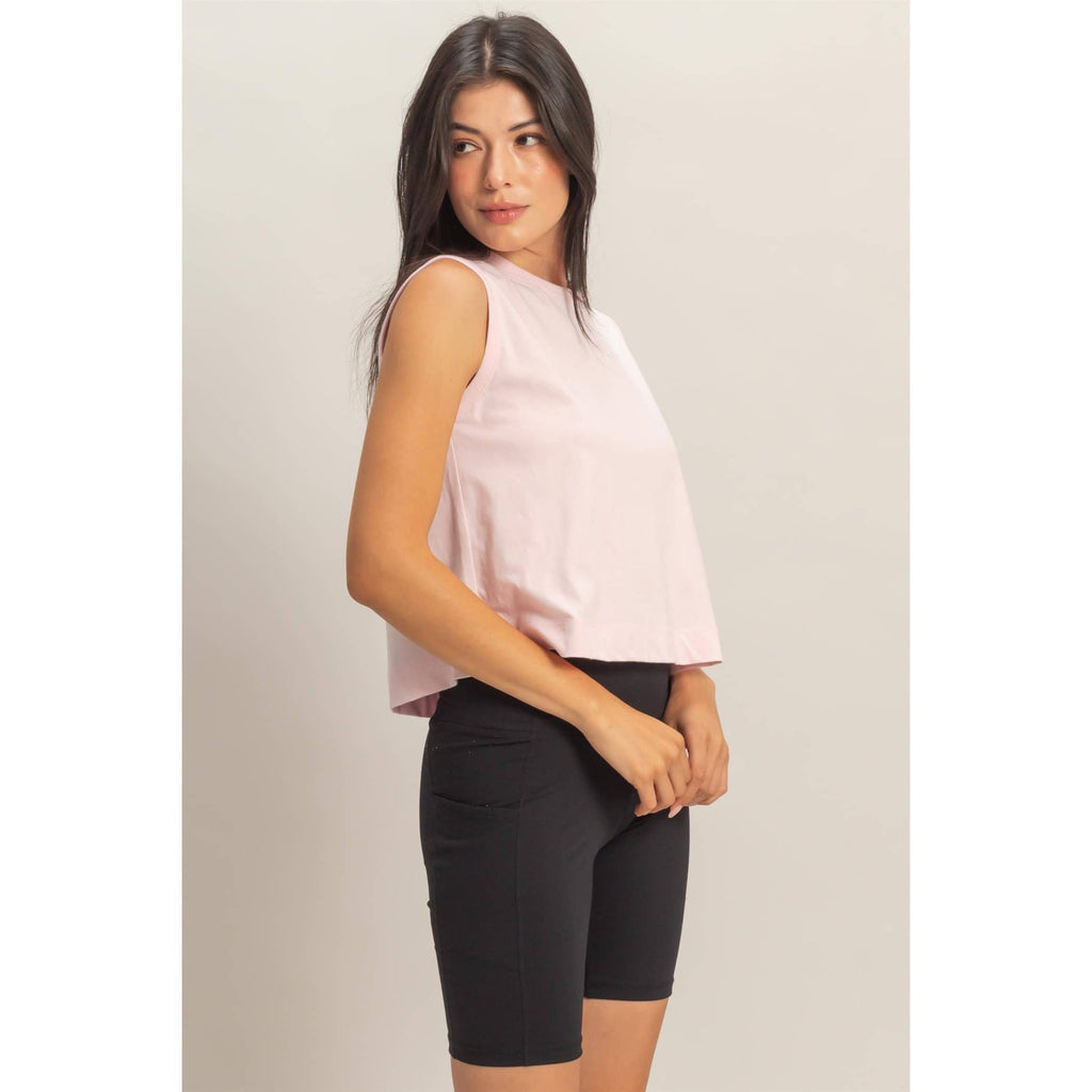 Double Zero - Sleeveless Crew Neck Top With Back Pleats: BLUE