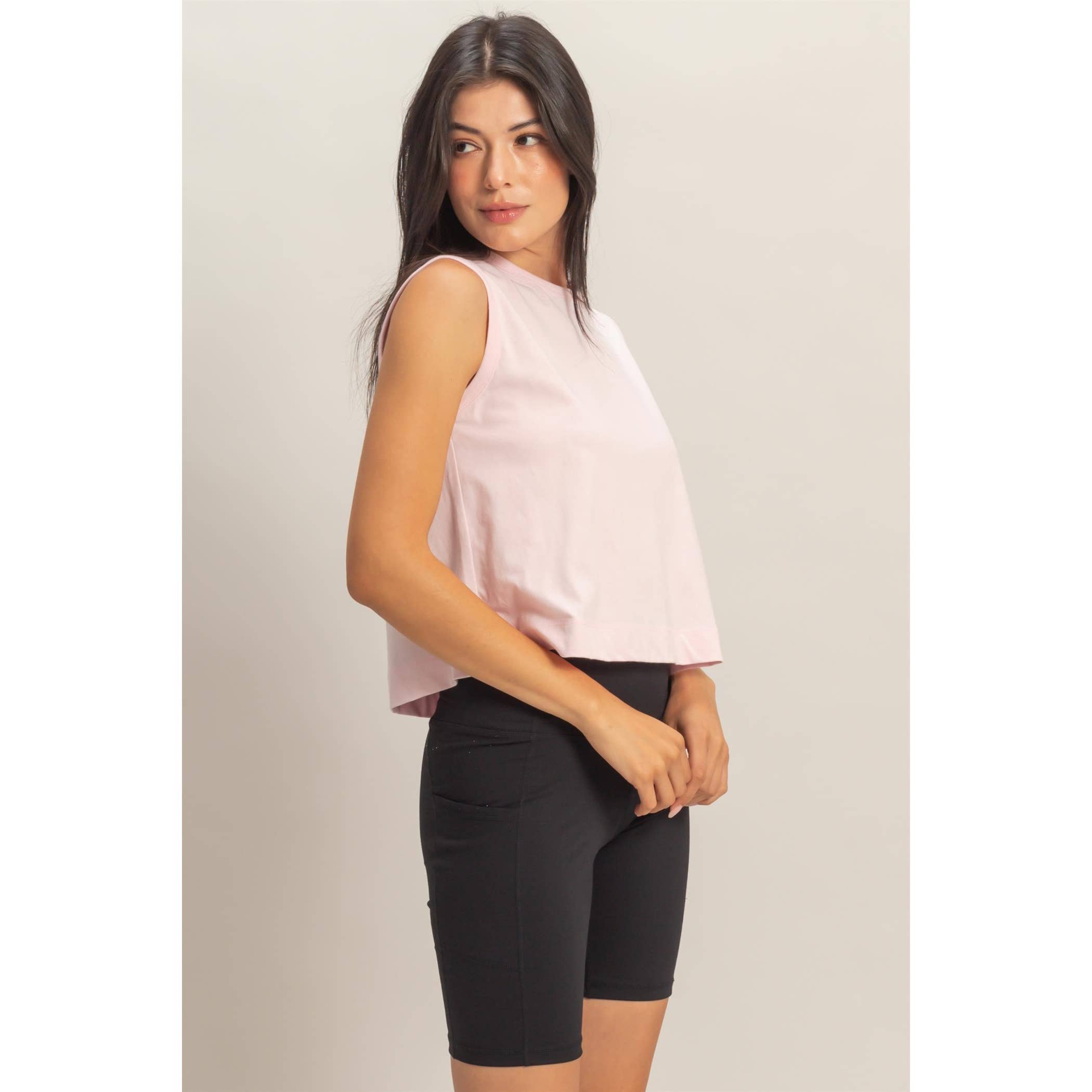 Double Zero - Sleeveless Crew Neck Top With Back Pleats: BLUE