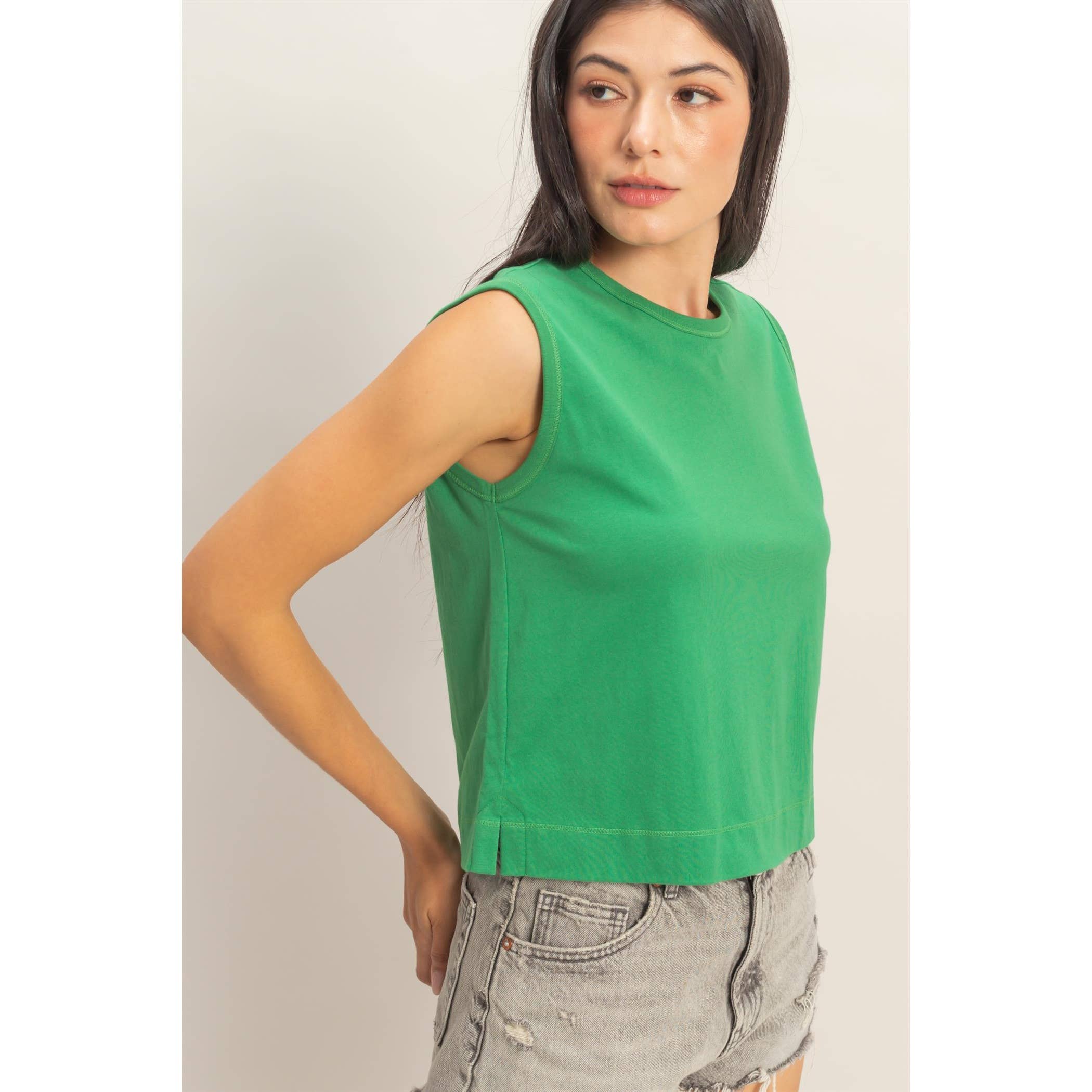 Double Zero - Sleeveless Crew Neck Top With Back Pleats: SOFT PINK