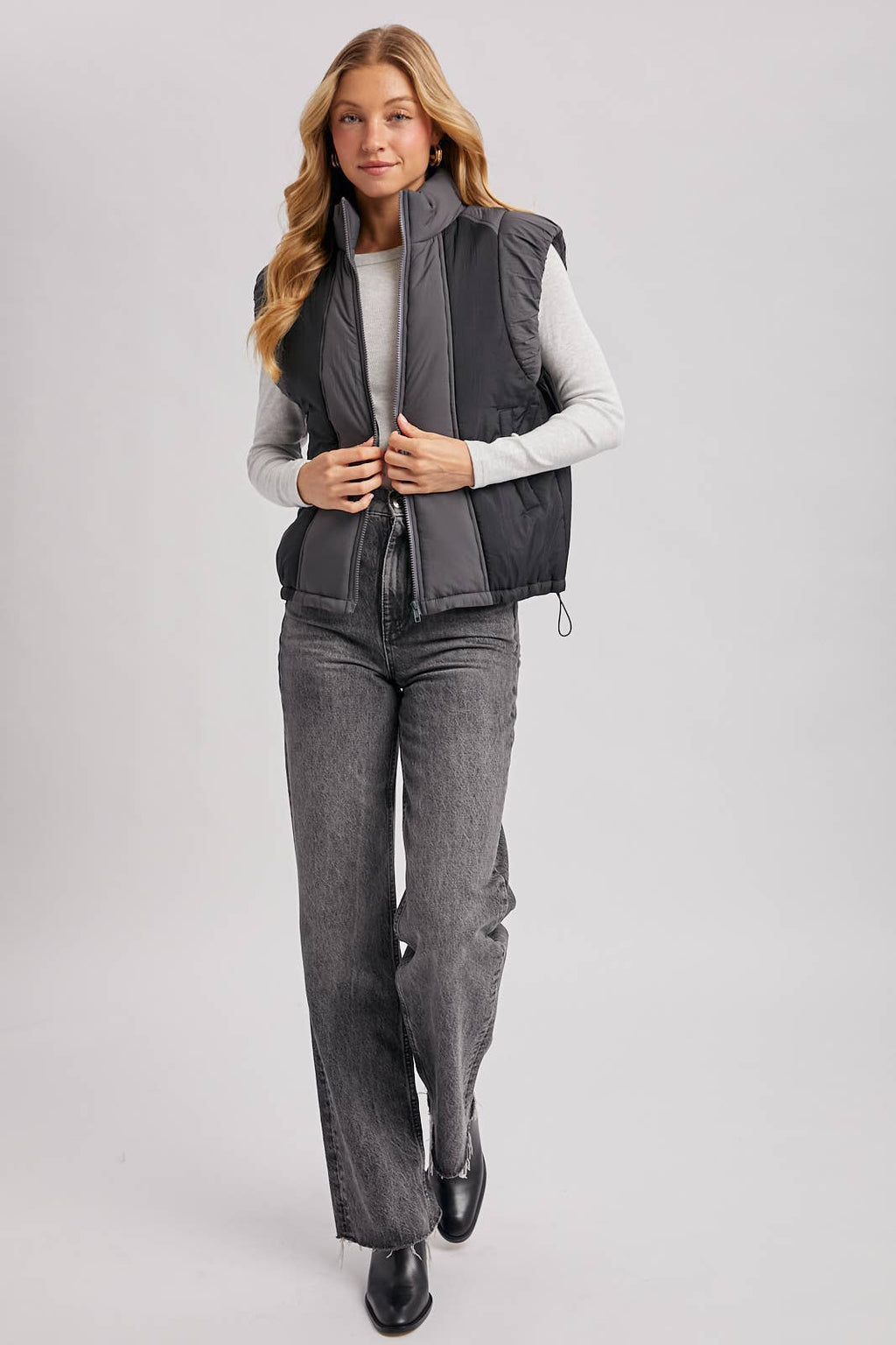 Bluivy - CONTRAST PUFFER ZIPPER DOWN VEST: LATTE COMBO / M